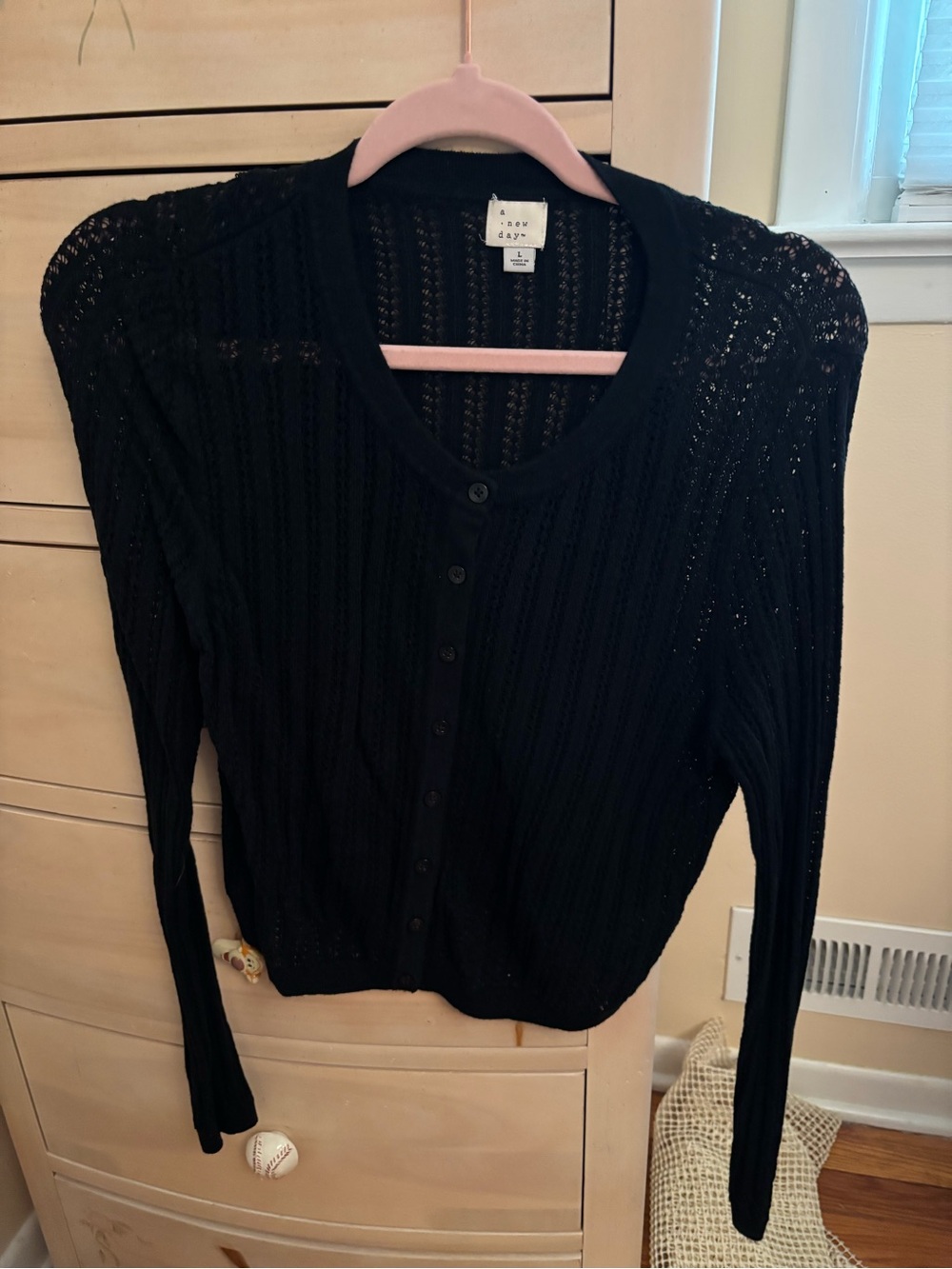 Black Open-Knit Button Cardigan Sweater